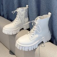 Rimocy New Women White Ankle Boots PU Leather Thick Sole Lace Up Combat Booties Female Autumn Winter Platform Shoes Woman