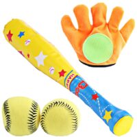 1 Set/4 Pcs ABS Baseball Kit Baseball for Kids Chindren Outdoor Ball Sports 1 Pc Bat, 1 Pc Hoop and Loop Glove, 2 Pcs Baseball