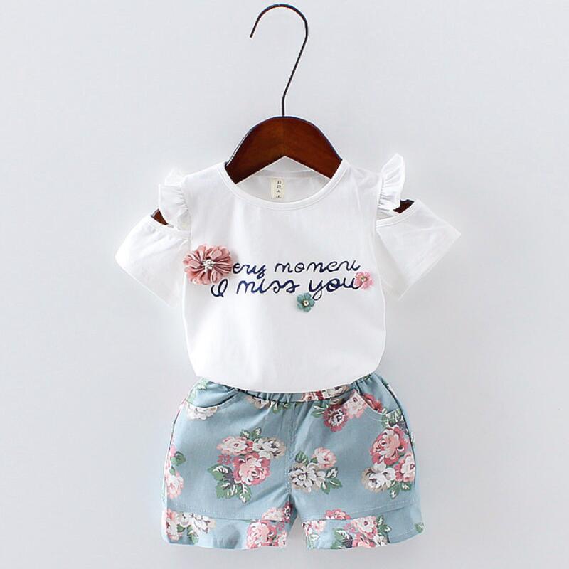 Baby girls Clothes Floral Printed short sleeve strapless t-shirt+pant 2pcs girl set Kid Outfit Lady suit Princess Child set A293 - Image 2