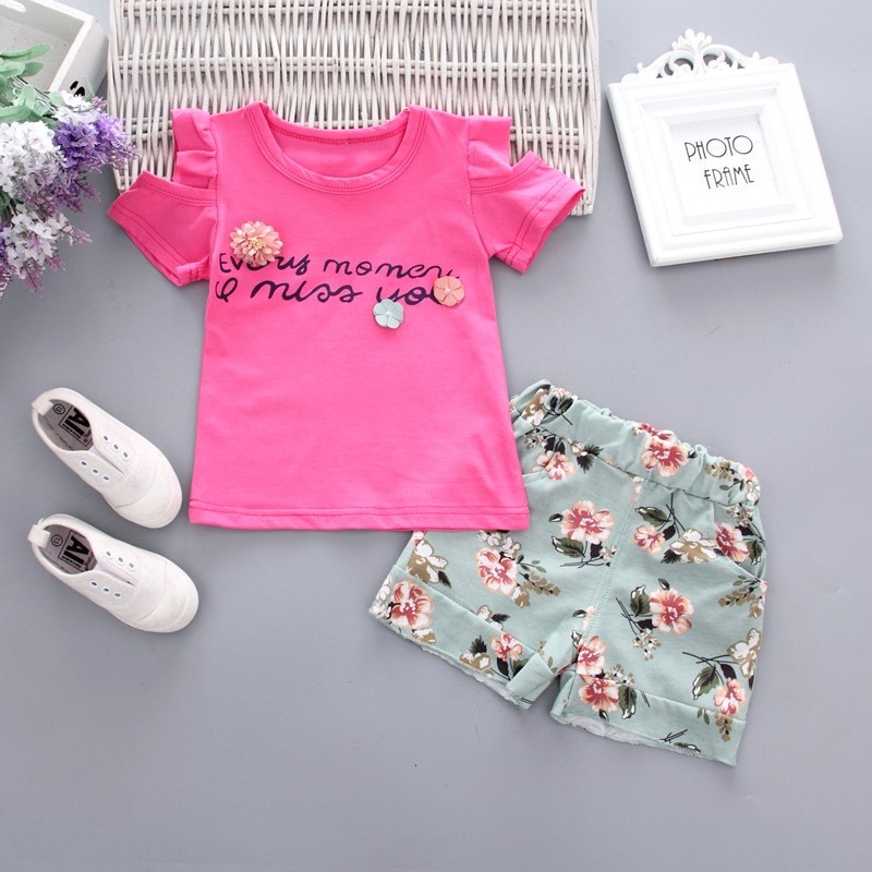 Baby girls Clothes Floral Printed short sleeve strapless t-shirt+pant 2pcs girl set Kid Outfit Lady suit Princess Child set A293 - Image 3