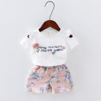 Baby girls Clothes Floral Printed short sleeve strapless t-shirt+pant 2pcs girl set Kid Outfit Lady suit Princess Child set A293