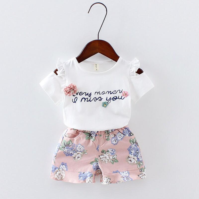 Baby girls Clothes Floral Printed short sleeve strapless t-shirt+pant 2pcs girl set Kid Outfit Lady suit Princess Child set A293