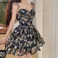 Dresses Women Floral French Style Retro Spaghetti Straps Lace-up Holiday Streetwear Lady Girls Fashion Summer Empire Female