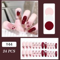 24Pcs Coffin Press on Nails Full Finished Deep Red False Nails Cherry Pattern Fake Nails for Women and Girls Fake Nail Patch - Image 3