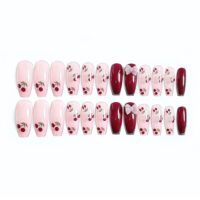 24Pcs Coffin Press on Nails Full Finished Deep Red False Nails Cherry Pattern Fake Nails for Women and Girls Fake Nail Patch - Image 4