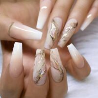 24Pcs Marble Gradient Long Coffin False Nails Full Cover Nail Tips Press Glue Detachable Wearable Gold Foil Ballerina Fake Nails - Image 2