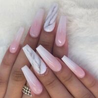 24Pcs Marble Gradient Long Coffin False Nails Full Cover Nail Tips Press Glue Detachable Wearable Gold Foil Ballerina Fake Nails