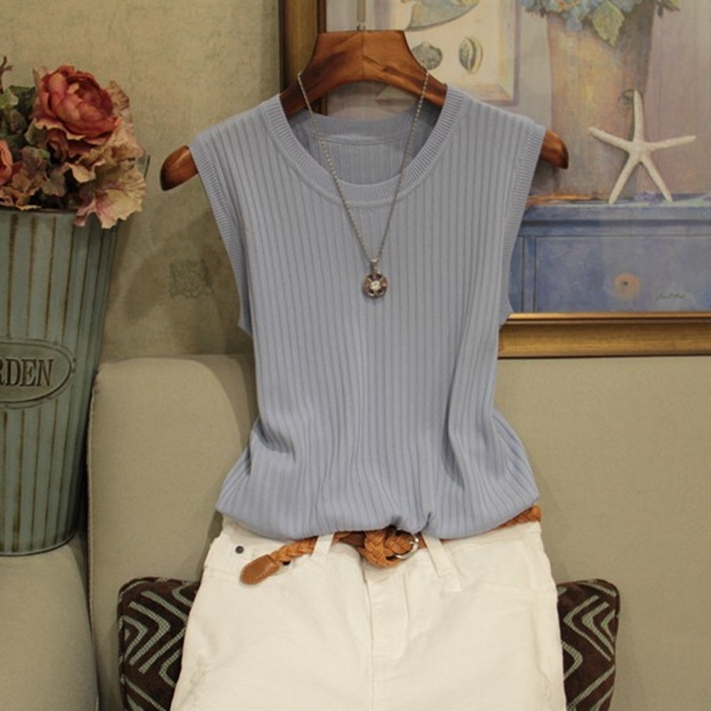 Fashion Woman Blouse Summer Sleeveless Blouse Women O-neck Knitted Blouse Shirt Women Clothes Women Tops And Blouses - Image 2