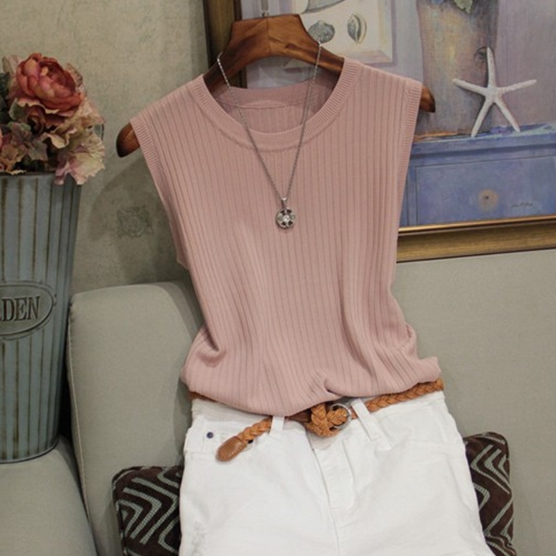 Fashion Woman Blouse Summer Sleeveless Blouse Women O-neck Knitted Blouse Shirt Women Clothes Women Tops And Blouses - Image 3