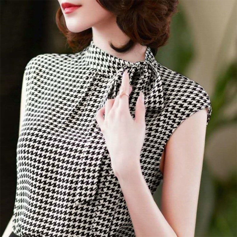 Summer Korean Elegant Stand Collar Vintage Plaid Printed Bow Lacing Chiffon Shirt Women Loose Casual Sleeveless Blouse Lady Top - Image 2