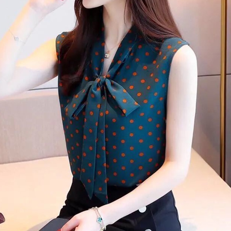 Summer Korean Elegant Stand Collar Vintage Plaid Printed Bow Lacing Chiffon Shirt Women Loose Casual Sleeveless Blouse Lady Top - Image 3