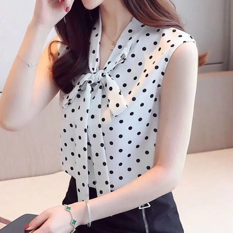 Summer Korean Elegant Stand Collar Vintage Plaid Printed Bow Lacing Chiffon Shirt Women Loose Casual Sleeveless Blouse Lady Top - Image 4