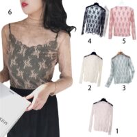 Women blouses Summer Spring transparent Female Mesh Basic Long Sleeve top Mock Neck Solid Color Embroidered Floral Lace